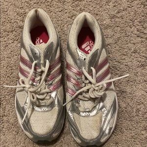 Adidas pink striped tennis shoes